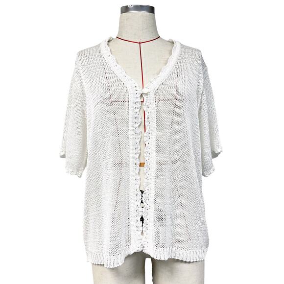 Sag Harbor Womens White Knit Short Sleeve Button Front Knit Cardigan Sweater - Picture 2 of 6